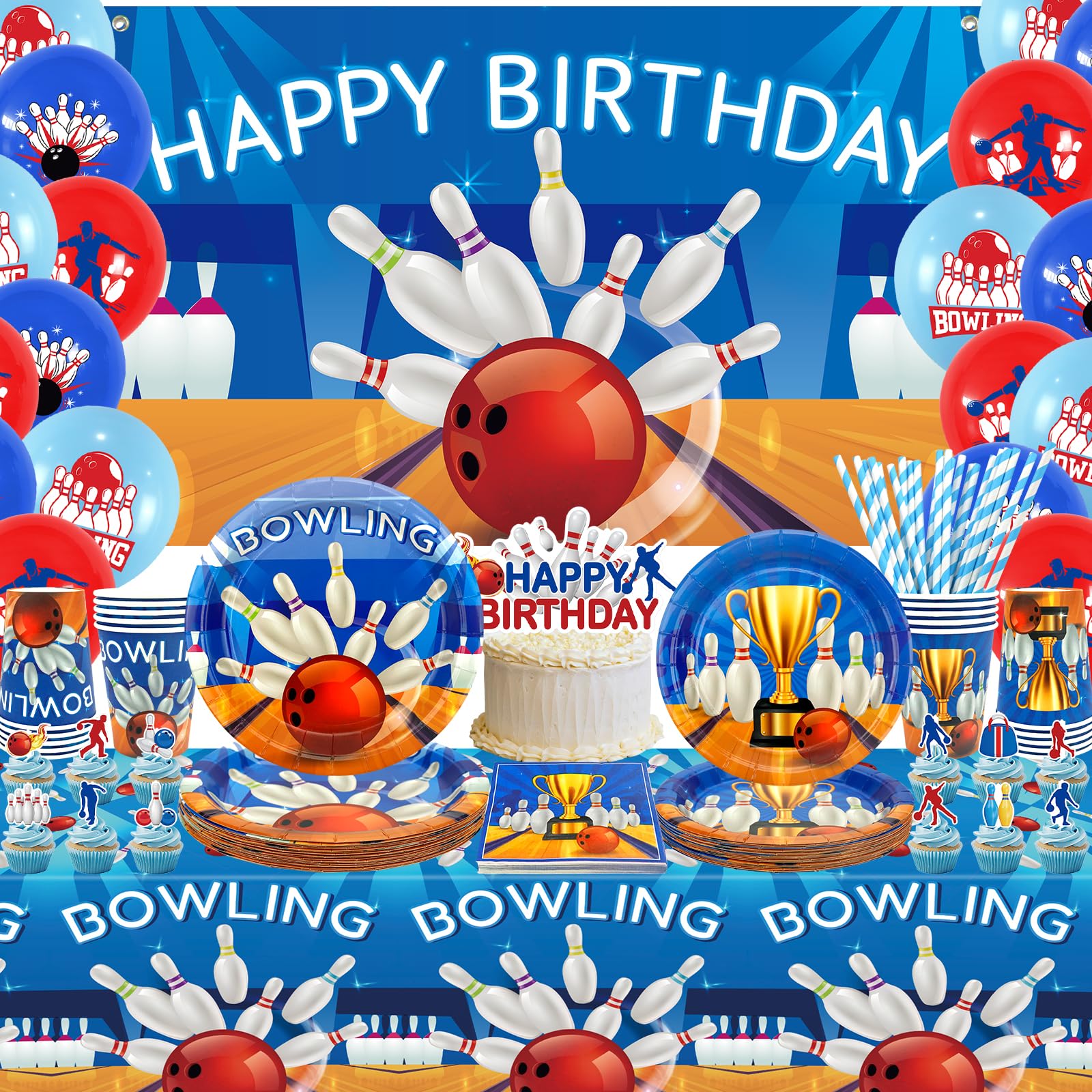 Obussgar Bowling Birthday Party Decorations - Bowling Party Supplies including Backdrop, Plate, Cake Topper, Cup, Napkin, Tablecloth - Serves 20 (BJ)