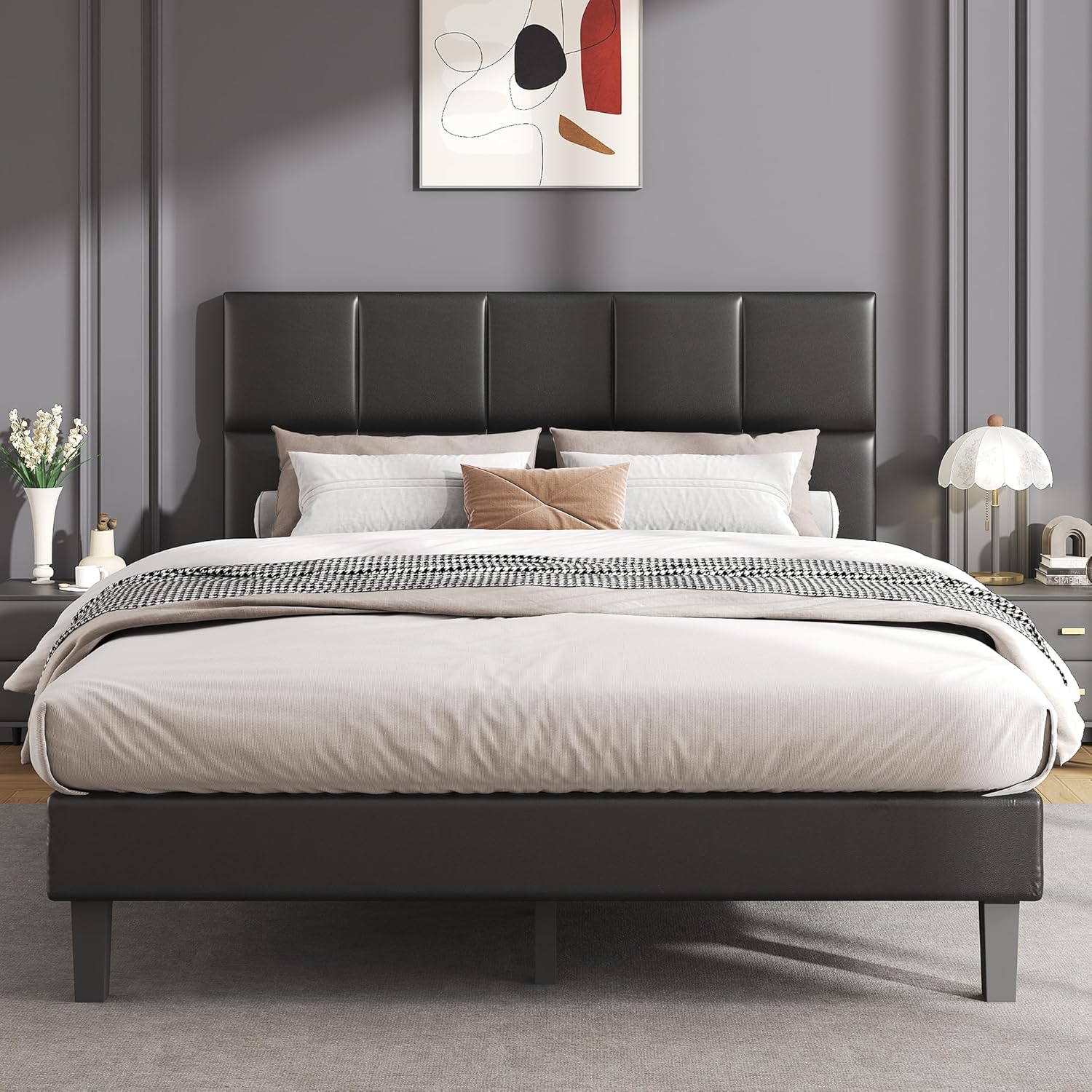Front view of the Shintenchi Full Size Bed Frame with upholstered headboard.