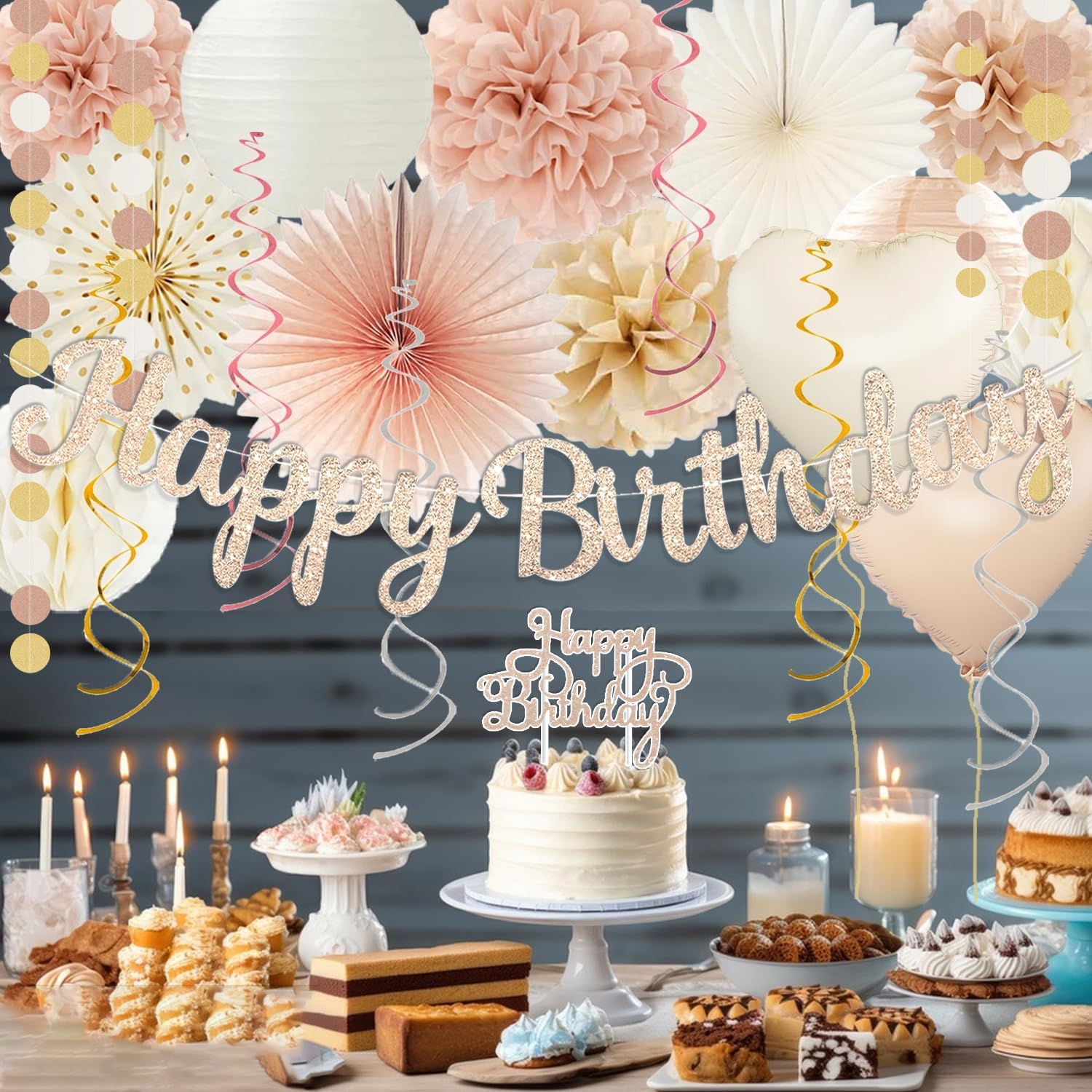 Champagne-Gold Beige Fall Boho Birthday Party Decorations 62pcs Happy Birthday Banner, Peach White Paper Lanterns, Streamers, Tissue Pom Poms, Blush Beige Boho Party Balloons, Rustic Backdrop Decor - Image 6