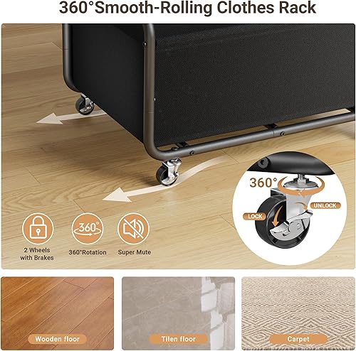 Miniatura 6 de Dunatou Perchero pequeño con ruedas, perchero de metal resistente, 2 en 1 con canasta, percheros para colgar ropa, 15.7 x 23.6 x 67 pulgadas, negro