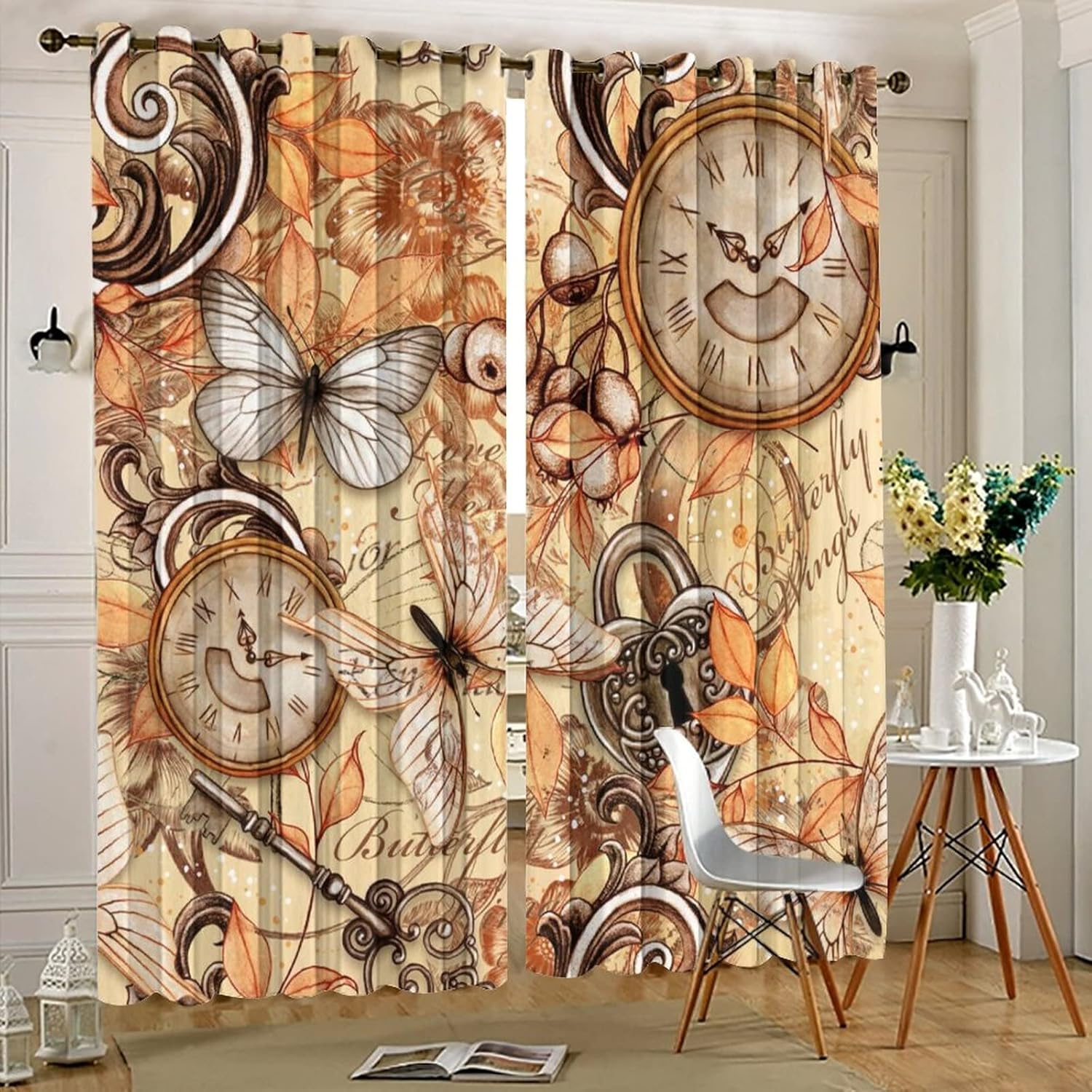 Vintage Steam Clock Curtains - Abstract Rustic Steampunk Style Clock and Butterfly Floral Window Curtain Room Darkening Blackout Curtains Thermal Insulated Grommet Curtains 2 Panels 63L x 36W