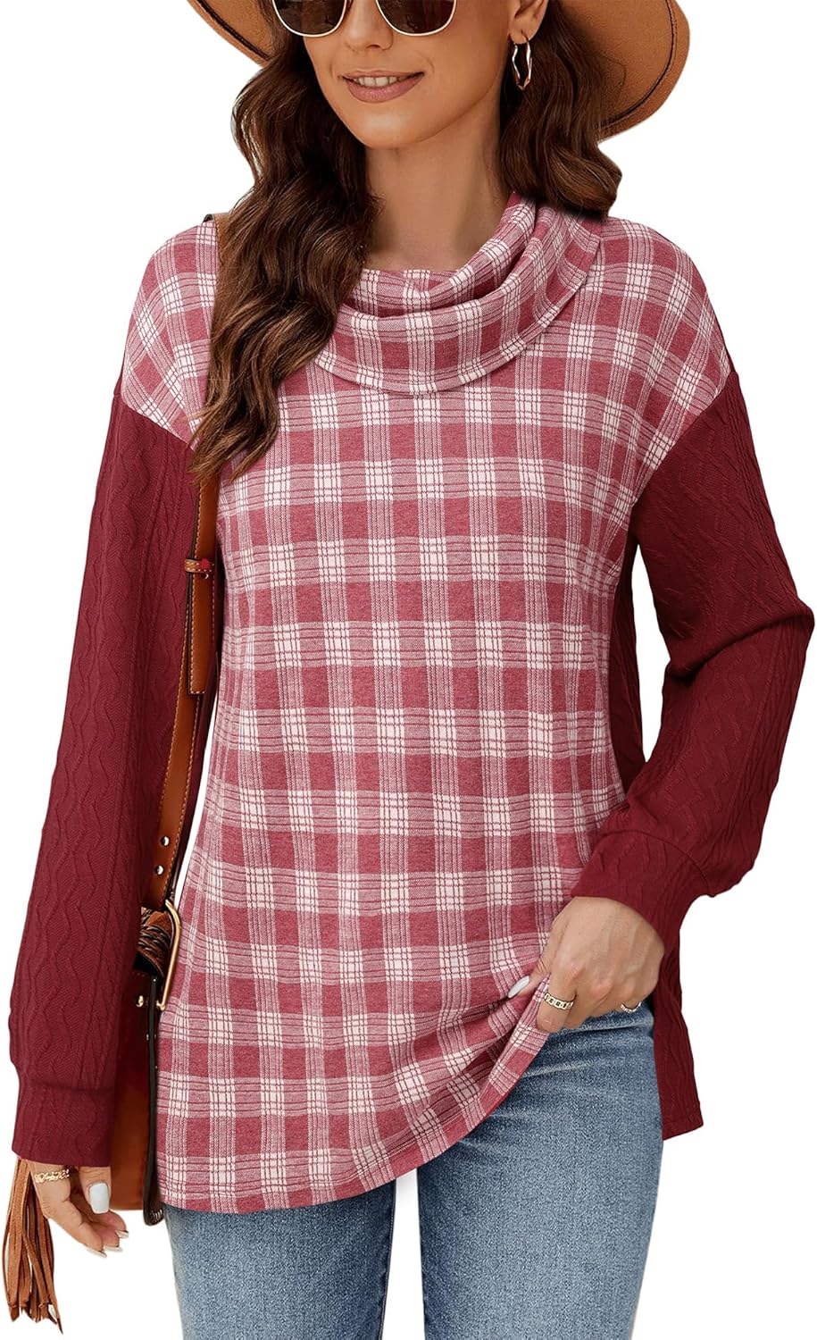 Timeson Women's Cowl Neck Tunic Sweaters Plaid Pullovers Sweatshirts