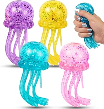 Glitter Jellyfish Squishy 4 pcs - Yellow Pink Purple Blue Dumpling Jellyfish - 2026 Upgraded Dumplings Squishes for Adults Teens Squeeze Easter Basket Stuffers