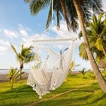 Hammock Chair, Large Hanging Chair, Soft Cotton Rope Swing Chair with High Load-Bearing Metal Rod,Indoor Outdoor Garden Yard Living Room Beige
