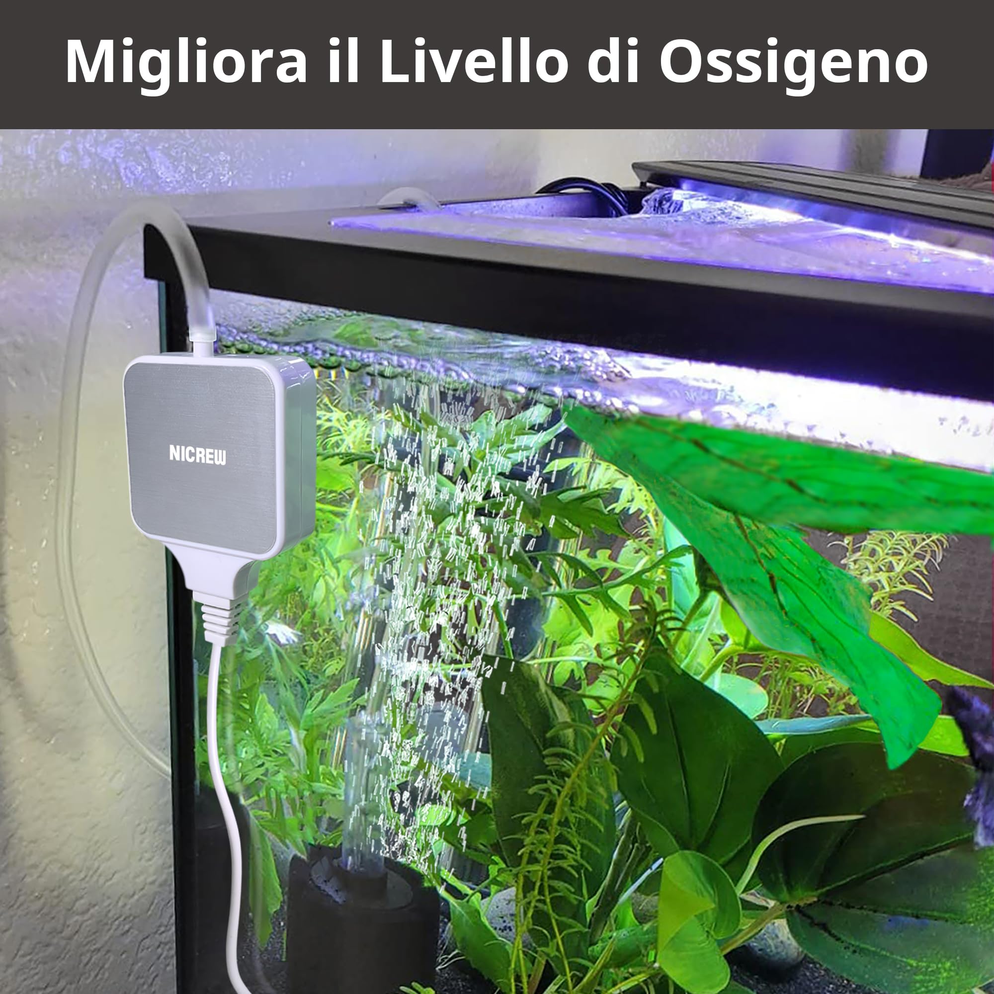 NICREW Ossigenatore per Acquario fino a 40 L, Nano Aeratore Ultra-Silenzioso <33 dB, Accessori per Acquario Nano, 18 L/H, 1,5W