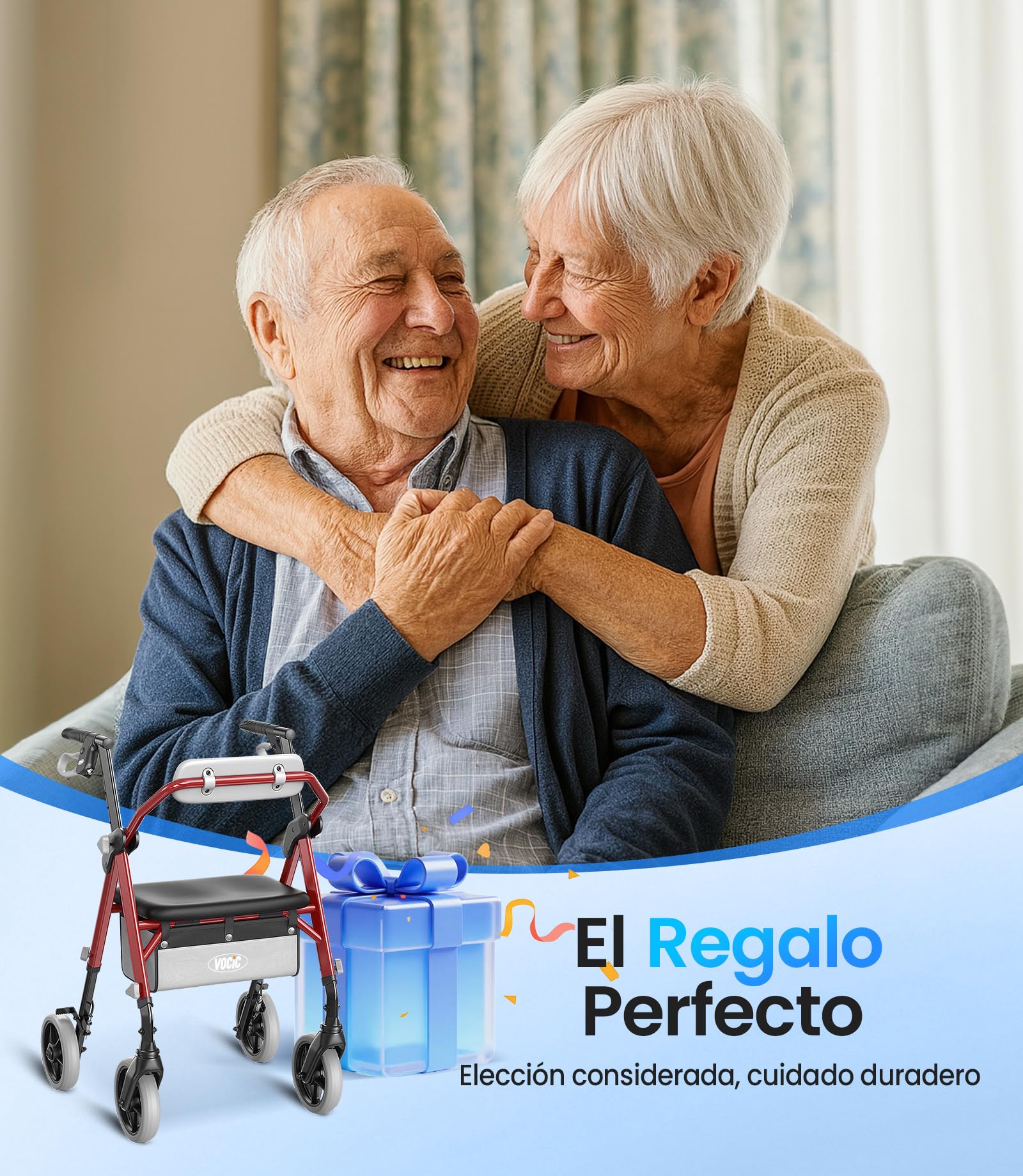 VOCIC Andador plegable ligero con asiento, 6,3kg Ultraligero, Max 150 kg | andador para ancianos con ruedas, asiento ergonómico, altura regulable, Walker estrecho para apartamento & viajes, granate