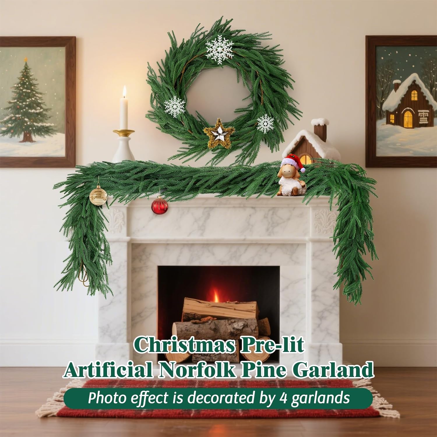 12FT(2 * 6FT)Norfolk Pine Garlands, Christmas Cedar Garland, Real Touch Faux Green Garlands, Winter Artificial Greenery Garland for Mantle, Stairs, Table, Fireplace, Indoor & Outdoor Xmas Decorations - Image 2