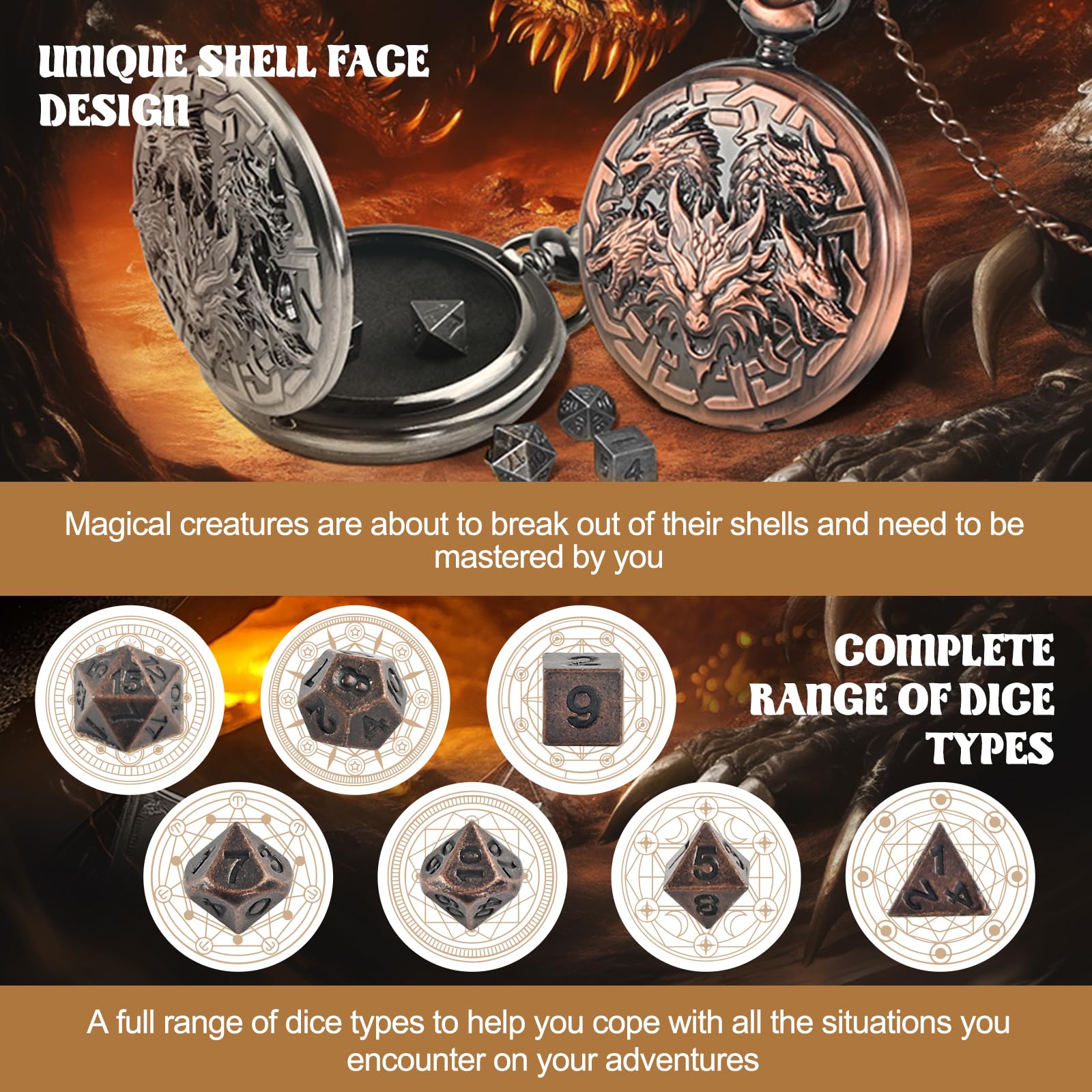 D&D Set di dadi in metallo, 7 pezzi, per segrete e draghi, mini dadi con custodia per orologio da tasca, accessori per giochi da tavolo (drago, rame)