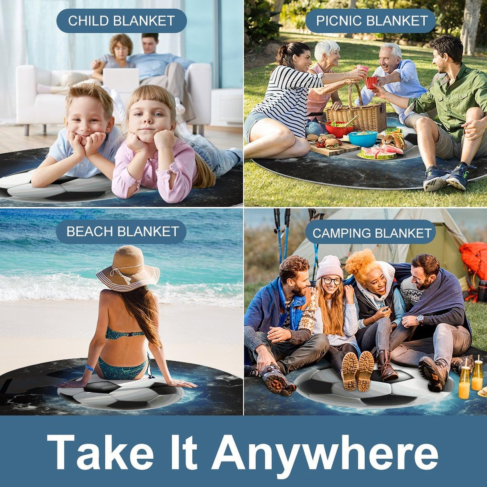 Coperte da picnic per sport da calcio, rotonde, pieghevoli, leggere, da spiaggia, impermeabili, coperta da esterno per primavera, estate, campeggio, parco, erba da viaggio
