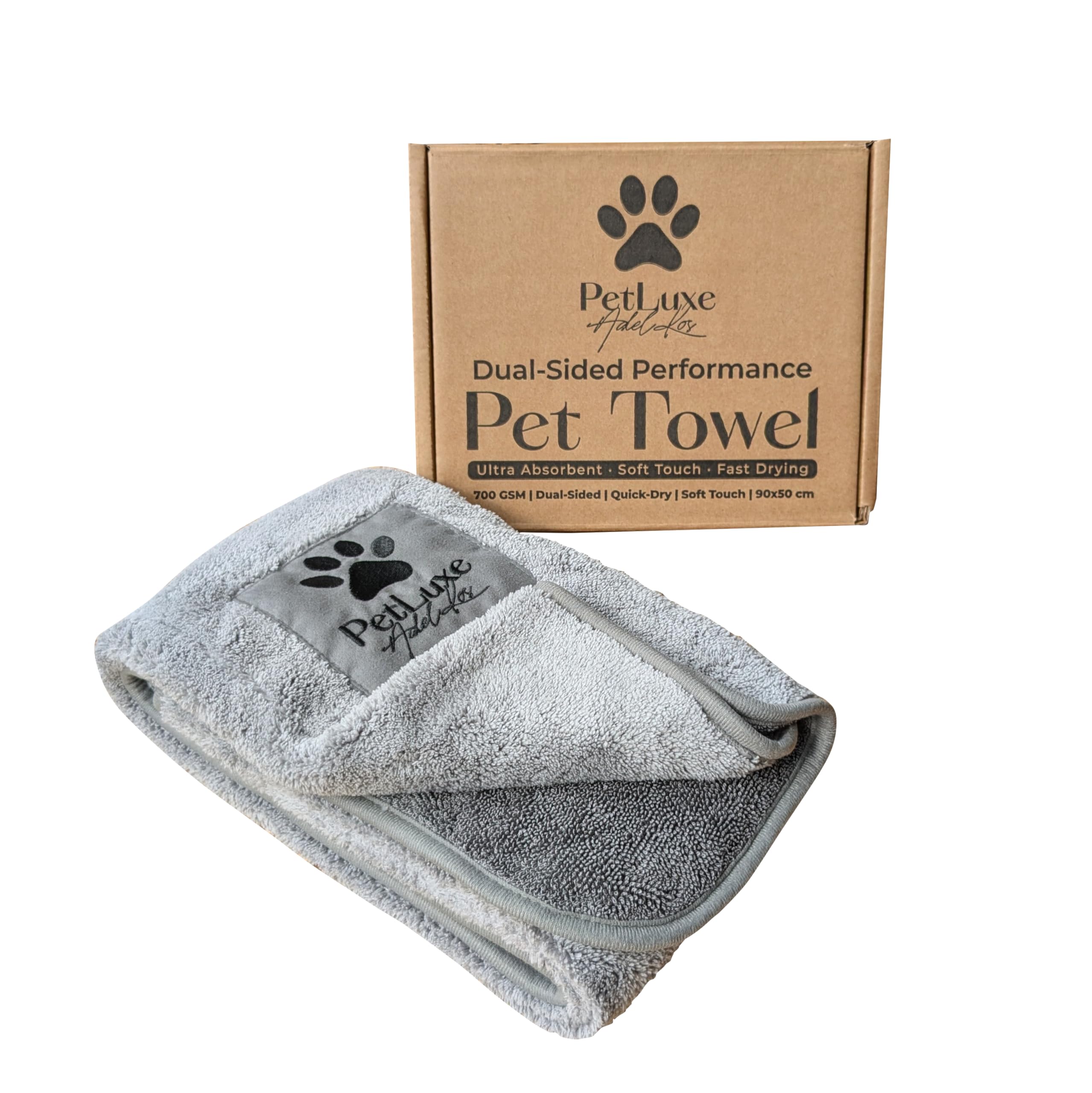 PetLuxe Dog Towel 90x50cm - Medium Dual-Sided Microfibre Dog Towel for Drying Dogs, Ultra Absorbent 700+ GSM, Quick Dry Pet Bath Towel (Grey, 90 x 50 cm)