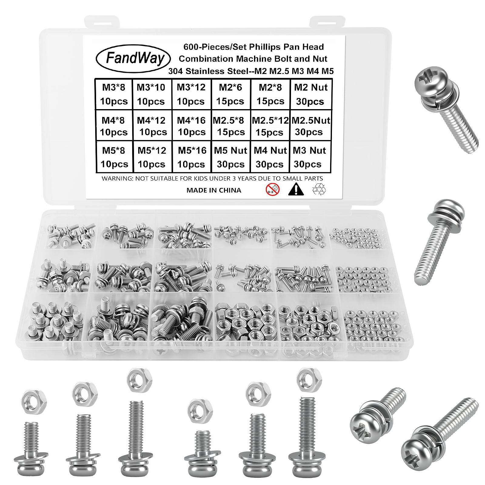 FandWay 600Pcs Bolts and Nuts Set,M2 M2.5 M3 M4 M5 Pan Head Machine Screws,304 Stainless Steel Nuts and Bolts Washers Set Multipurpose Hardware Assortment for DIY Projects, Repairs, Electronics.