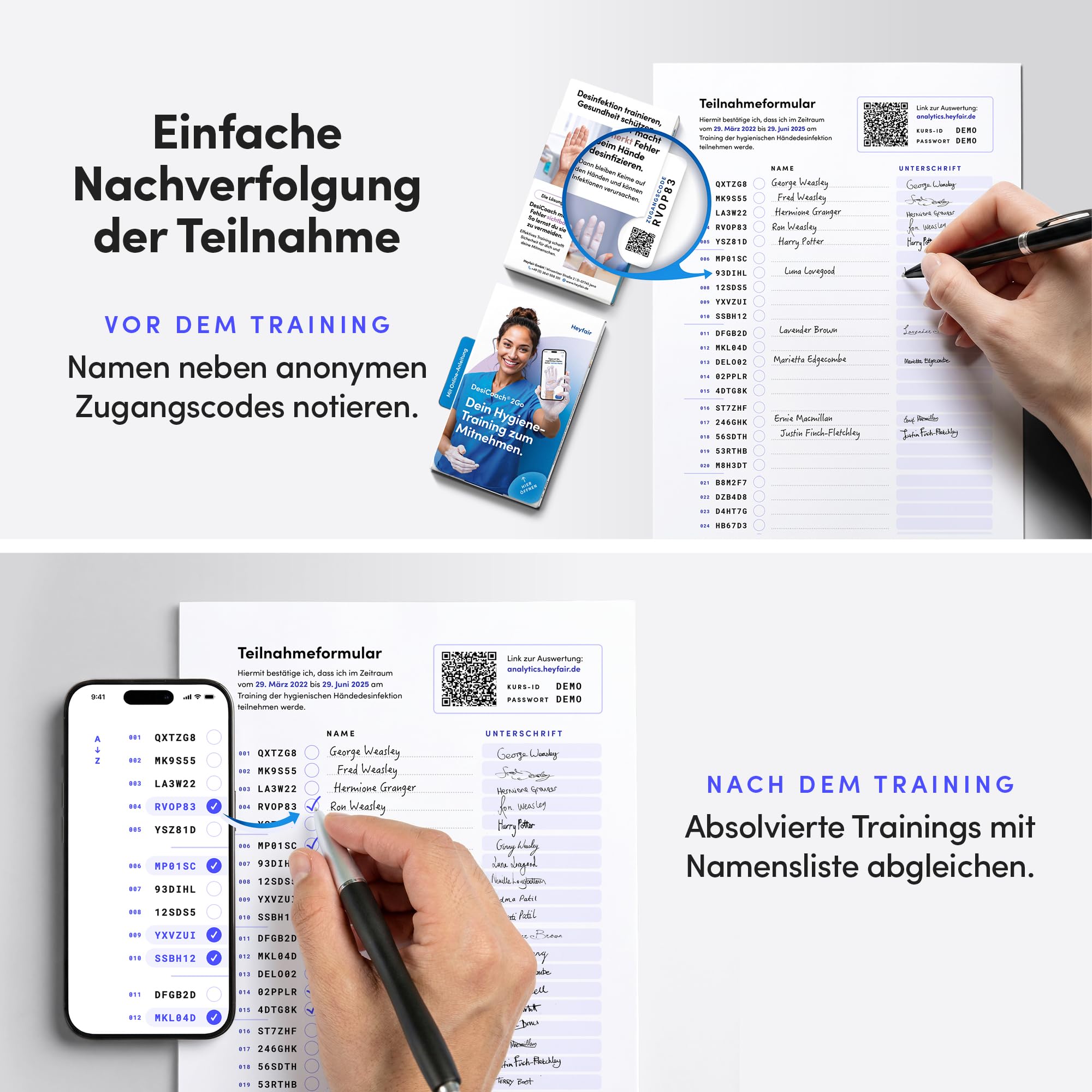 2Go Händedesinfektion Training – mit Online-Anleitung, 15er-Set | Mobiles Hygienetraining von Heyfair. Ganz ohne UV-Licht.