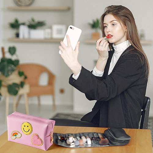 Miniatura 6 de LieToi Preppy Patch - Neceser pequeño de piel sintética con diseño de corazón y rayo y arcoíris, portátil, impermeable, bolsa de maquillaje para uso