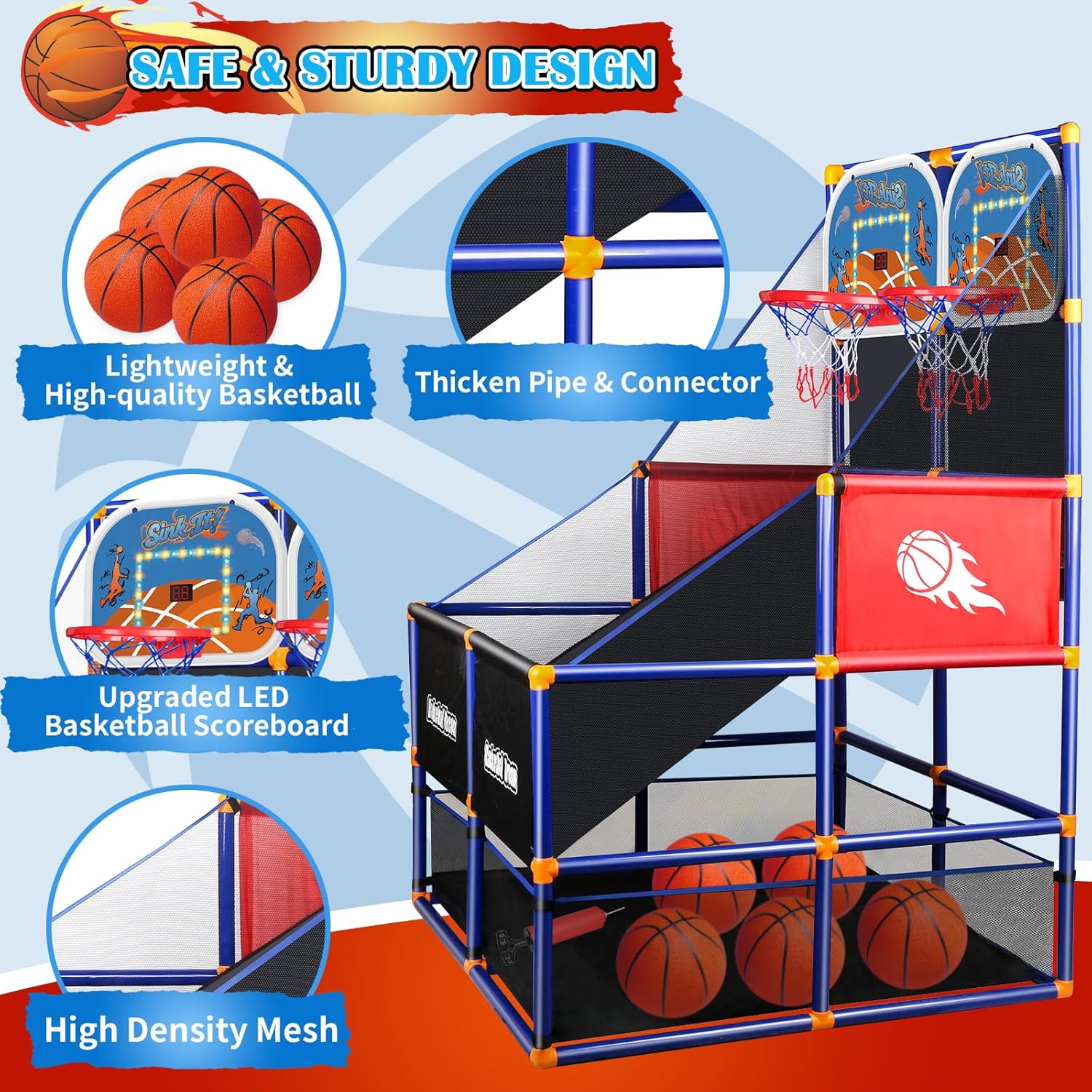LED Arcade Basketball Game Set w/Electronic Scoreboard for Kids, Boy Toys Basketball Hoop with 4-5 Balls for 3-12 Years Old, Adjustable Height w/Pump & Storage Net for Indoor Outdoor Sports Play
