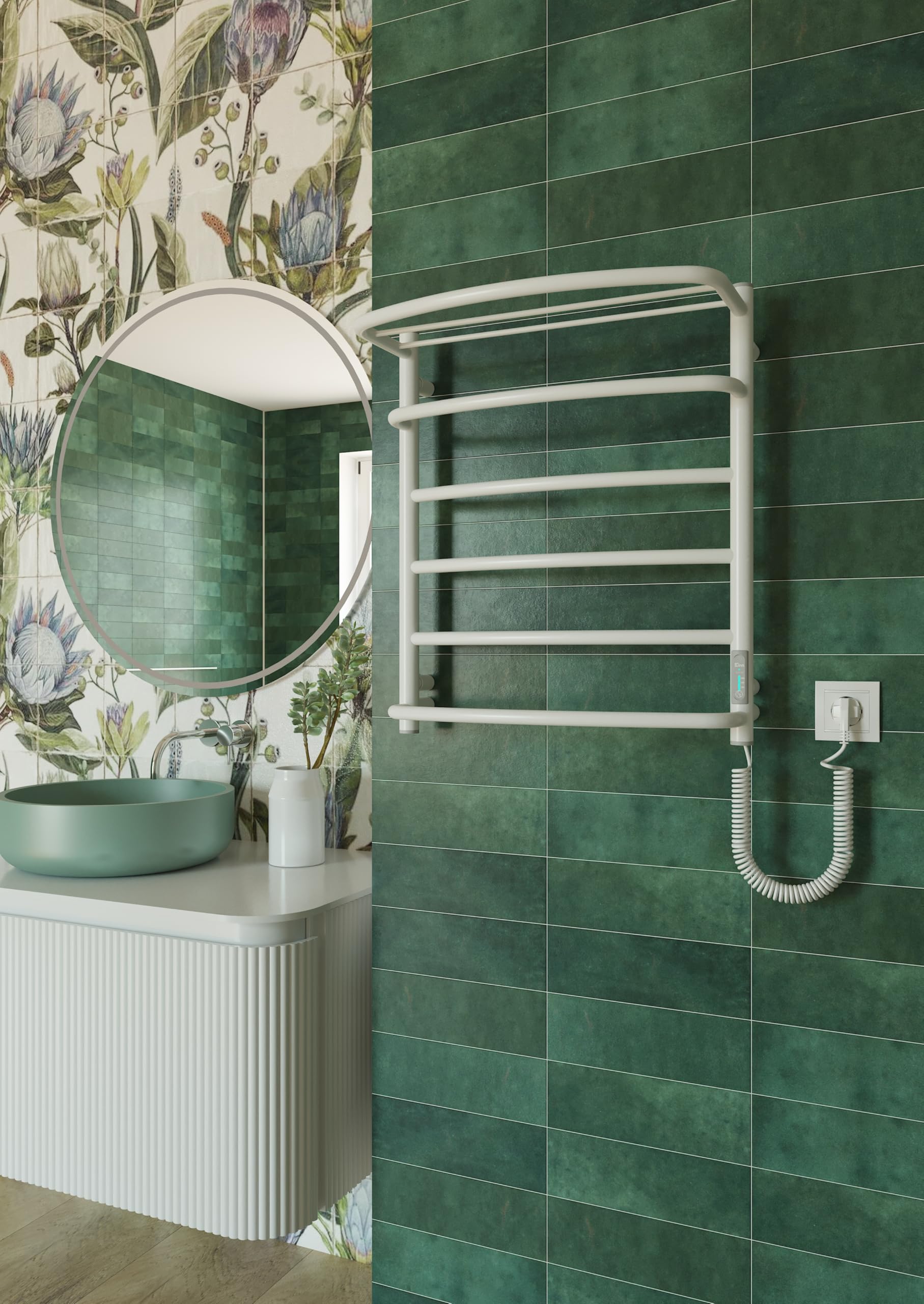 Elna Scaldasalviette Bianco - 127W - 610x530mm - Con Portasciugamani - Elettrico - Per famiglia, appartamento e camera degli ospiti - Acciaio Inox - Con Termostato, Timer & Eco - IP44 - Montaggio a