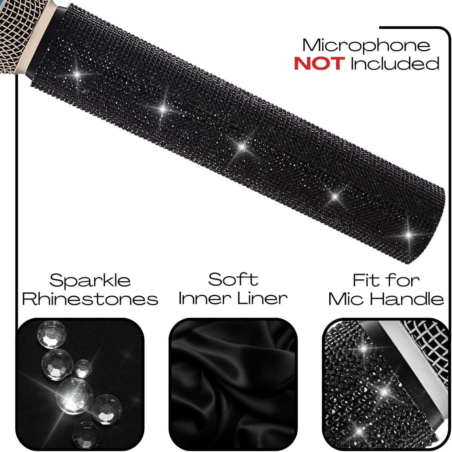 Sparkly Sleeve Bundle for Wireless Handheld Microphone - Silver, Rose Gold, Black - Bling, Glitter, Rhinestone, Decorative Mic Cover