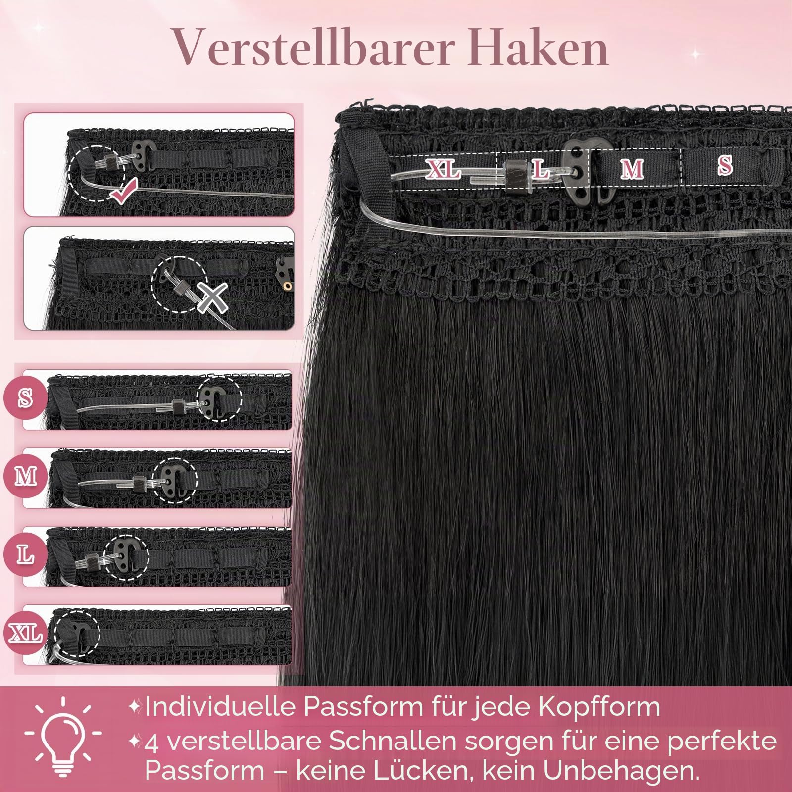 Secret Hair Extensions Echthaar Haarverlängerung mit Draht Haarteile 1 Tresse Invisible Wire adjustable für Damen 50 cm - 70g Naturschwarz #1B