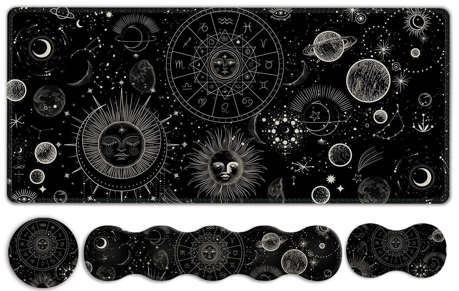 NXZGO Gaming Mouse Pad Keyboard Wrist Support, 4 in1 Mousepad Set with Wrist Keyboard Rest, Computer Desk Mat, Non-Slip Desk Pad Protector with Memory Foam Easy Typing Pain Relief I Moon Sun Cosmic