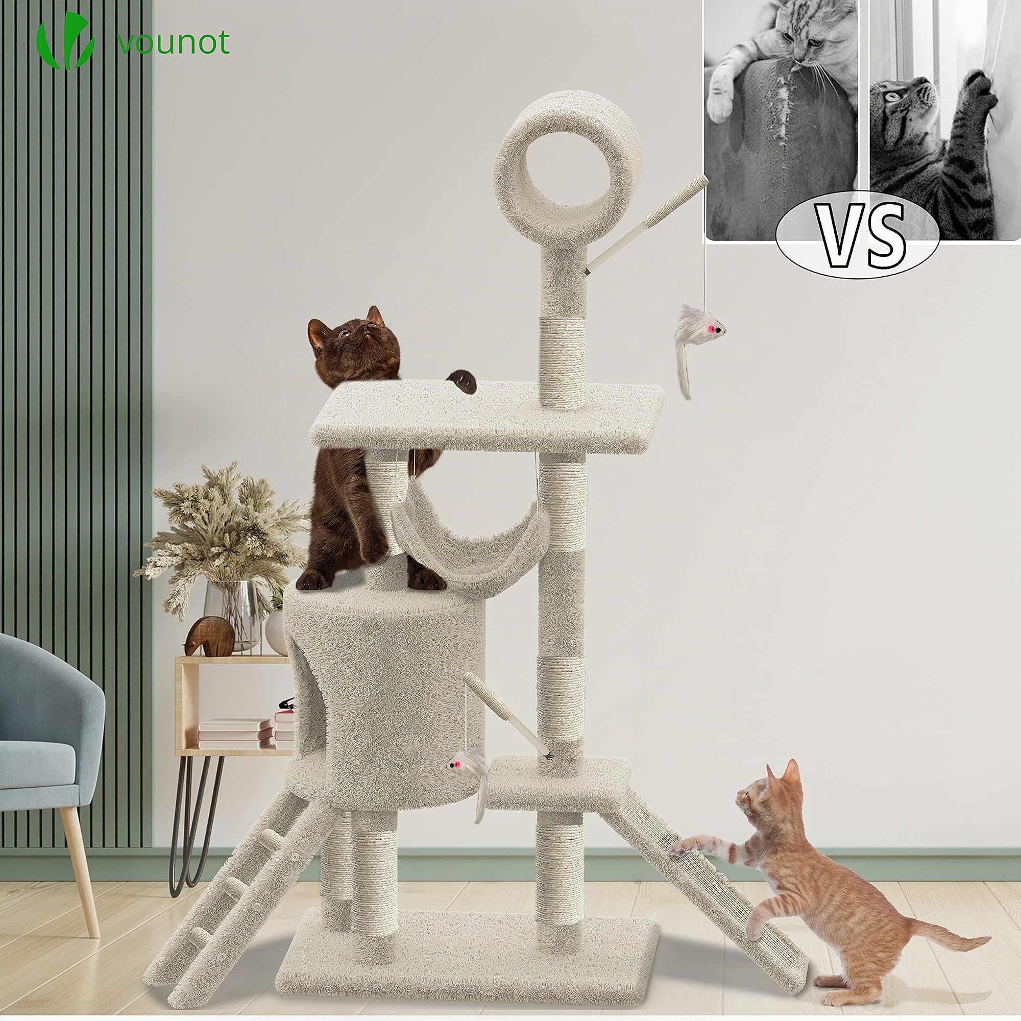 VOUNOT® Árbol Rascadores para Gatos Grande con Plataformas y Refugios, XXL 154cm, Beige