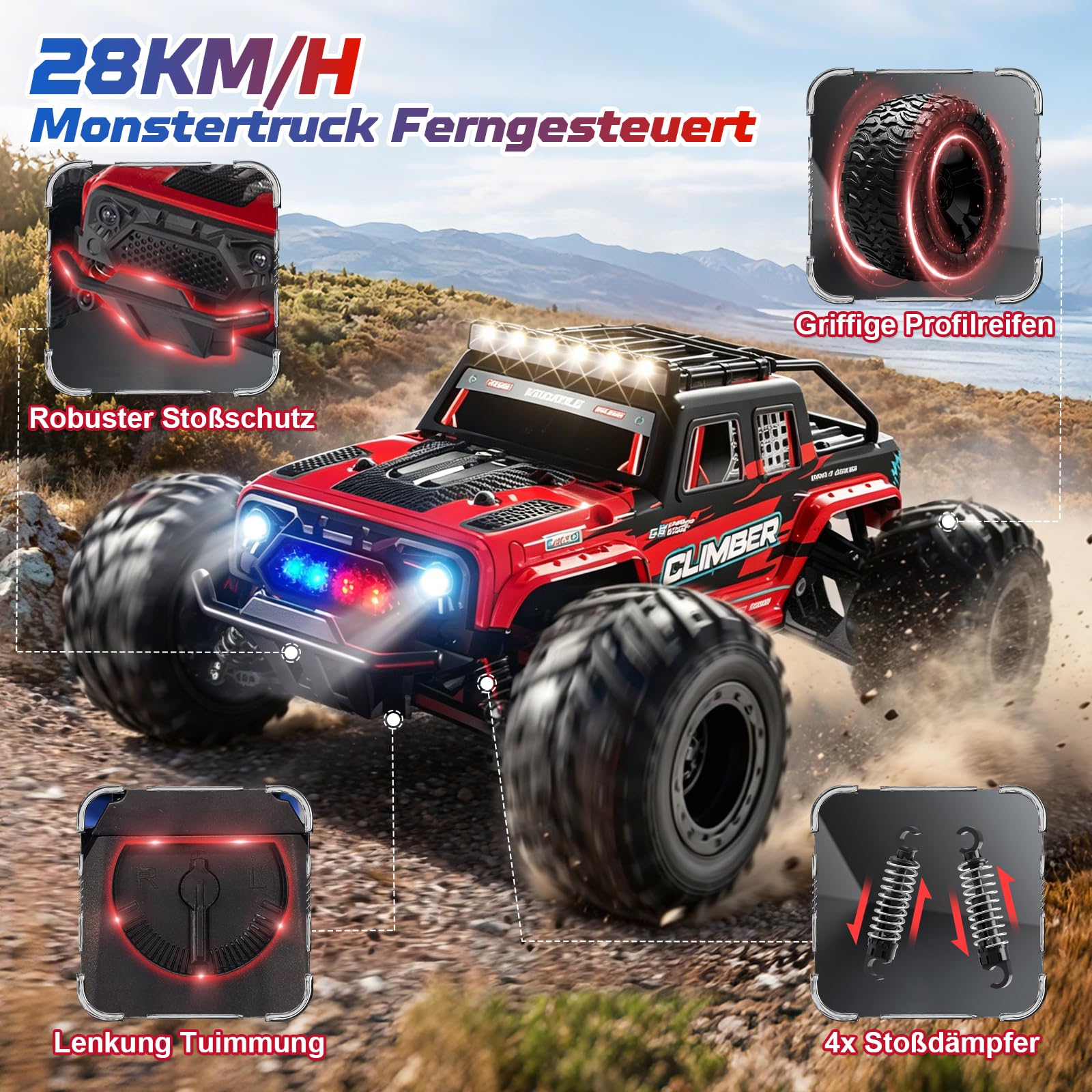 32 km/h, zdalnie sterowany samochód, monstertruck, z podwójną obudową i światłem, 1/18 RC Auto Offroad ze sterowaniem za pomocą aplikacji, 2 akumulatory 60 min, czas odtwarzania 2,4 GHz, zdalnie