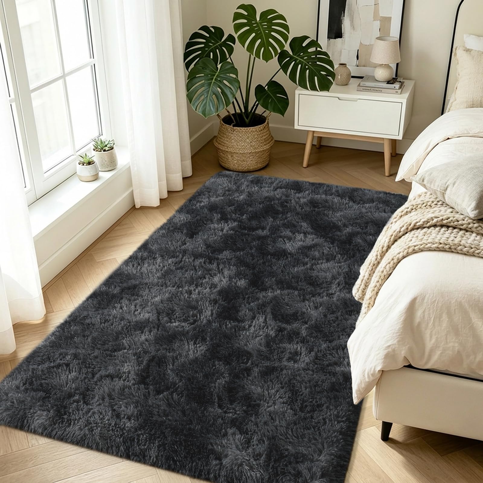 Rugs Living Room 80x150cm Fluffy Shaggy Area Rugs for bedroom Black Gray — image 1
