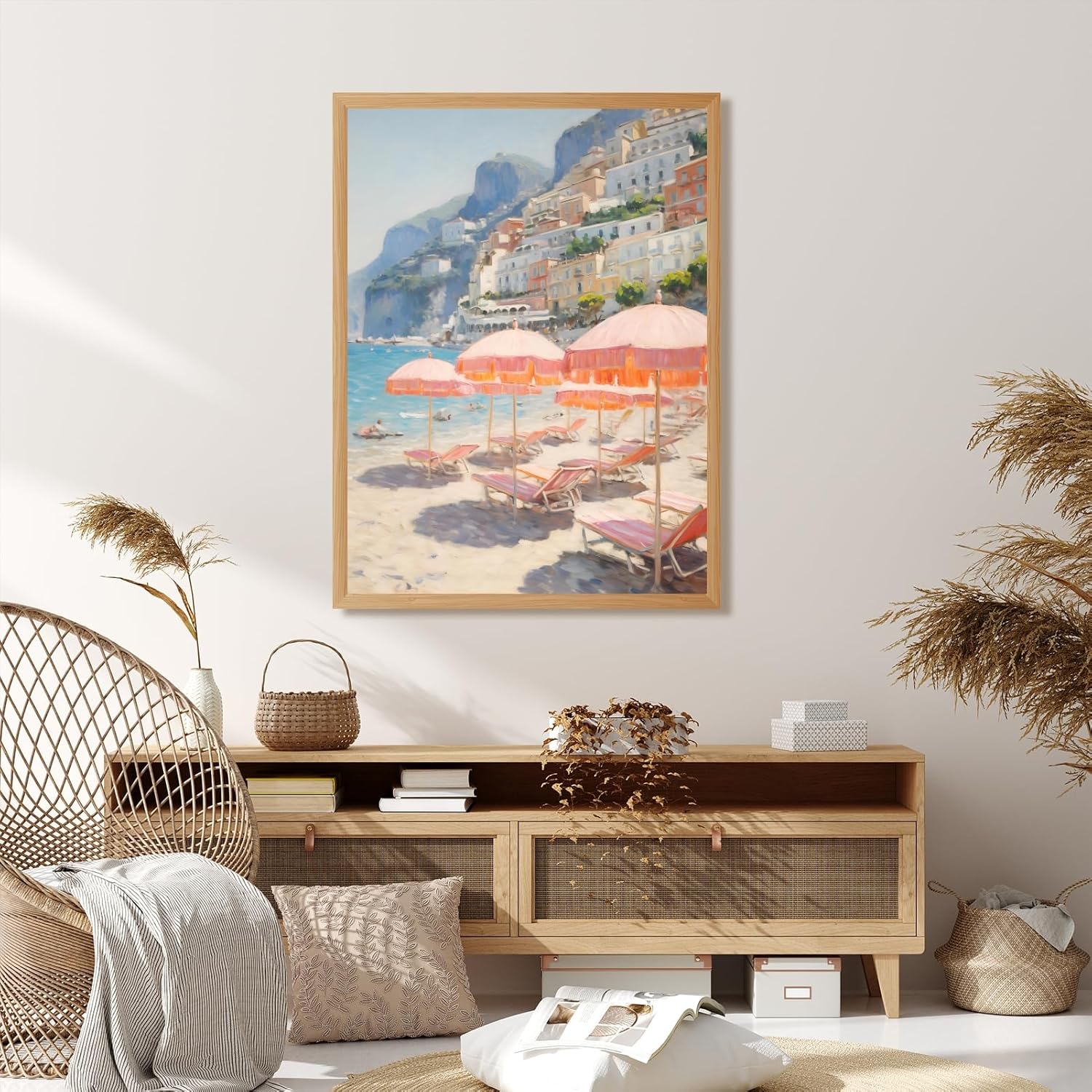 Wooden Frame Italian Amalfi Coast Beach Wall Art Pink Preppy Coastal Canvas Poster Vintage Summer Mediterranean Print Pictures Aesthetic for Bedroom Bathroom Living Room Decor 16x24inch