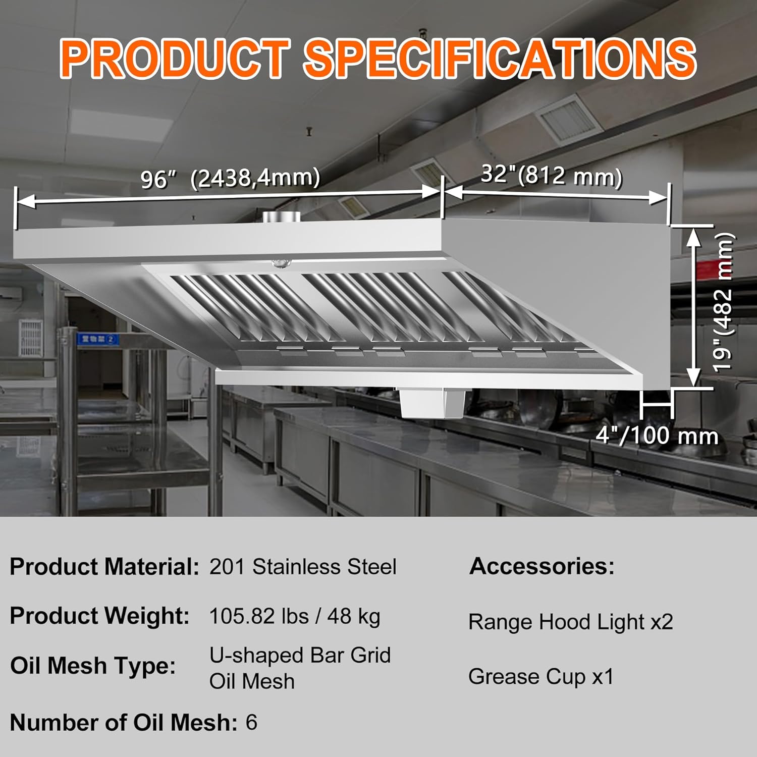 Food Truck Low Profile Exhaust Hood System Includes a 8FT Stainless Steel Commercial Exhaust Hood and an 1HP Restaurant Canopy Hood Grease Rated Exhaust Fan