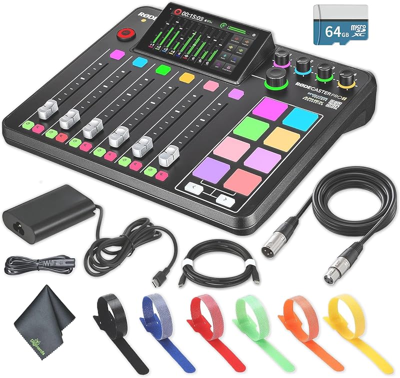RODECaster Pro II + 64GB Micro SD Memory Card + Cable Ties + 10 Foot XLR + More (Bundle)