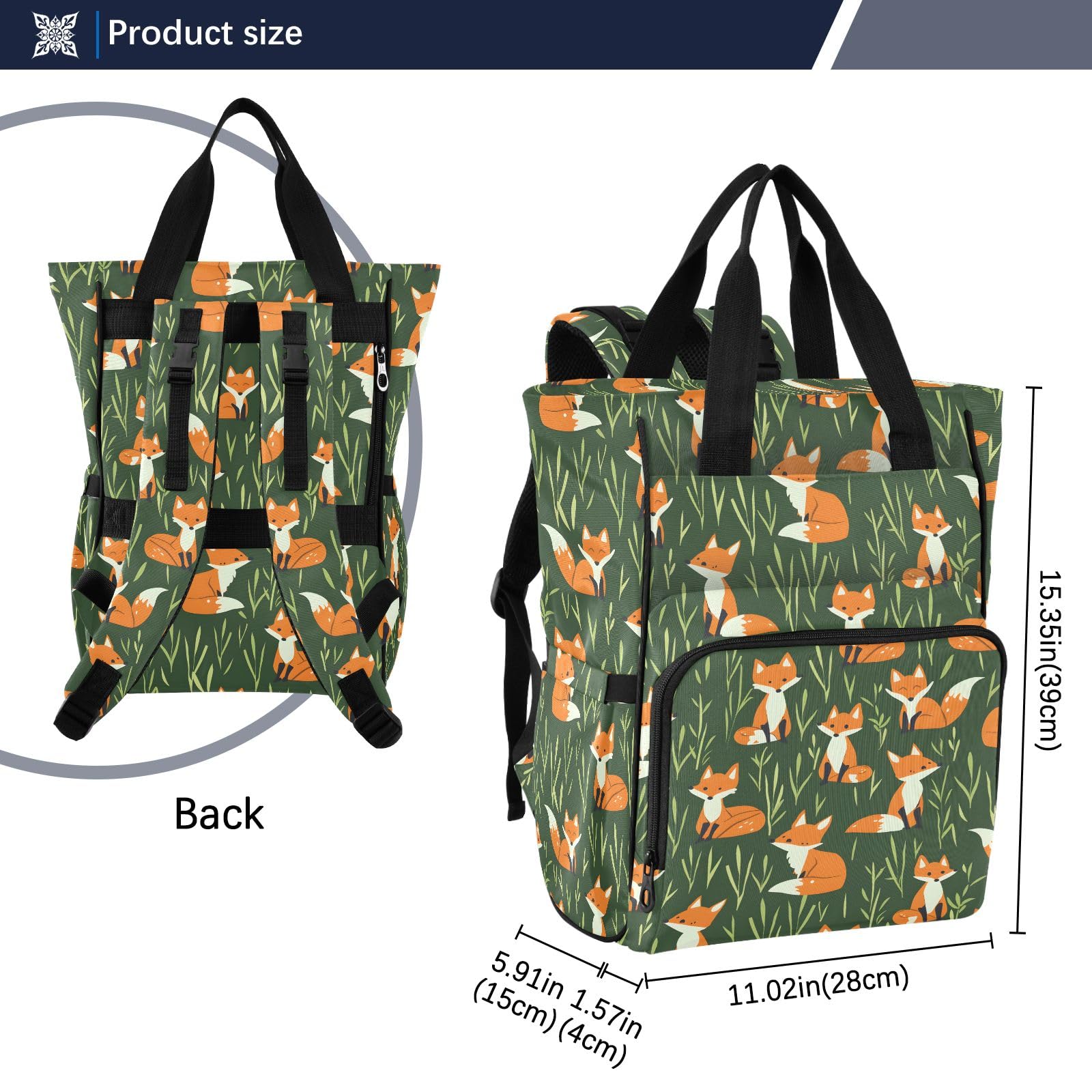 Mnsruu Carino e semplice cartone animato volpi ed erba bambino borsa per pannolini zaino grande borsa impermeabile viaggio borse per pannolini per mamme e papà
