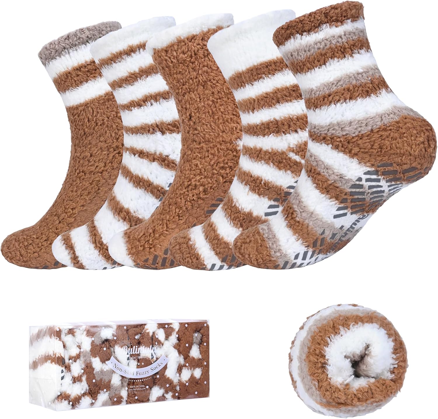 Bulinlulu Fuzzy Socks With Grips for Women 5-Pairs Non Slip Sleep Warm Fluffy Slipper Socks Valentine's Day Gifts for women