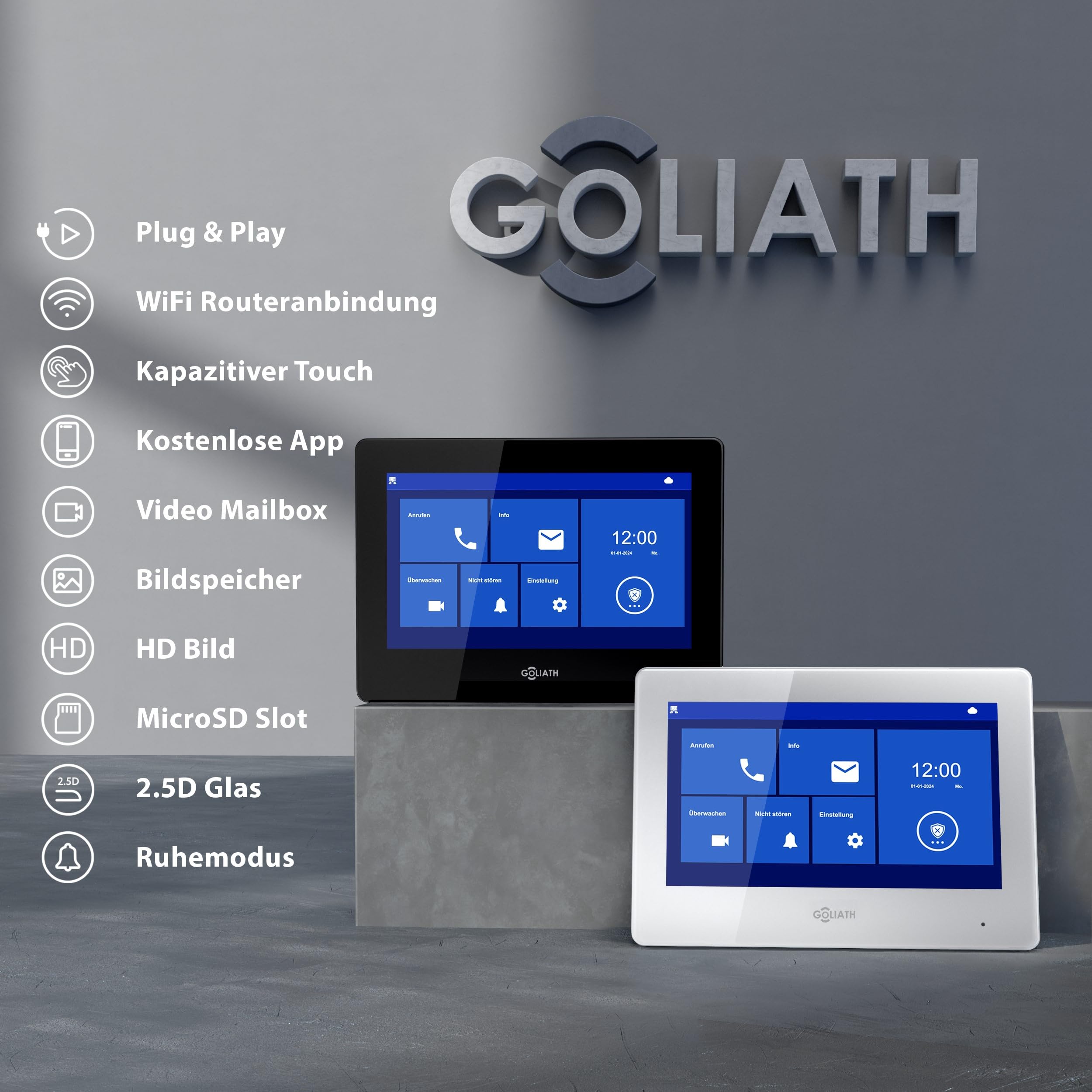 GOLIATH Basic 2-Draht Bus Video-Türsprechanlage, Full-HD, App-Steuerung, 2X 7 Zoll Monitore in Weiß, RFID & Keypad, 1-Familienhaus, Aufputz, AV-BLS-K-02W