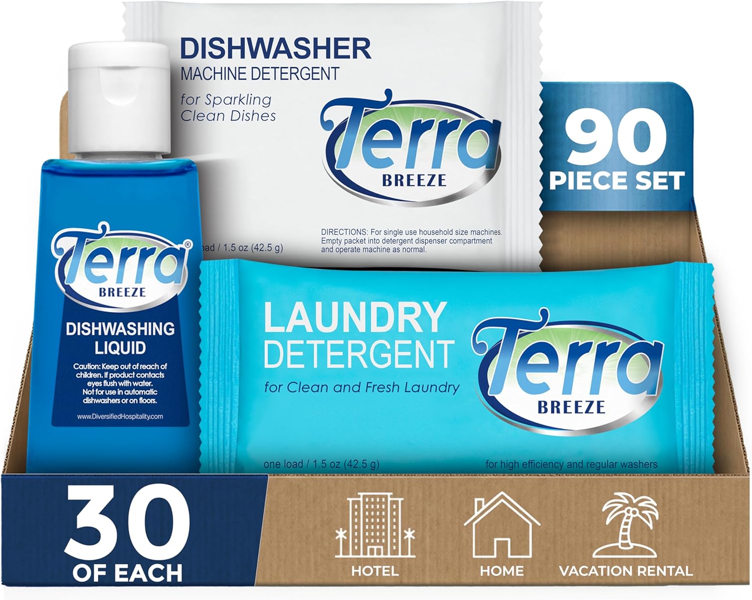 Travel Laundry Detergent & Dish Soap | Terra Breeze 1-Shoppe Amenities Kit | Laundry Soap, Dish Soap | 90 Pieces