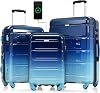 Merax 3 Luggage Sets, ABS Hardshell Suitcase Spinner Wheels with USB Port, Blue and Navy, 202428 Inch