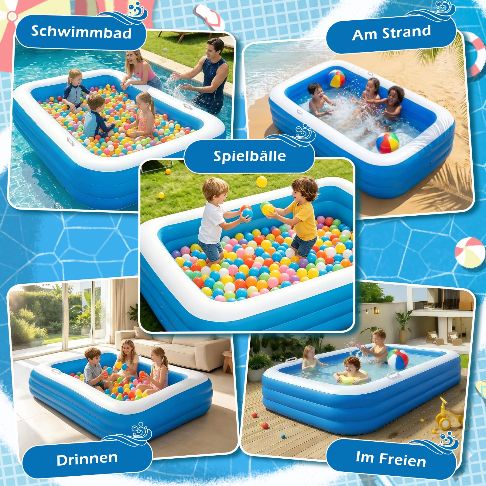 Planschbecken für Kinder, Aufblasbarer Planschbecken Rechteckig mit 2 Beachball und 2 Mini-Wasserpistole, Verdickter Swimmingpool Kinder für Garten, Outdoor, Sommer-Wasserpartys (Blau)