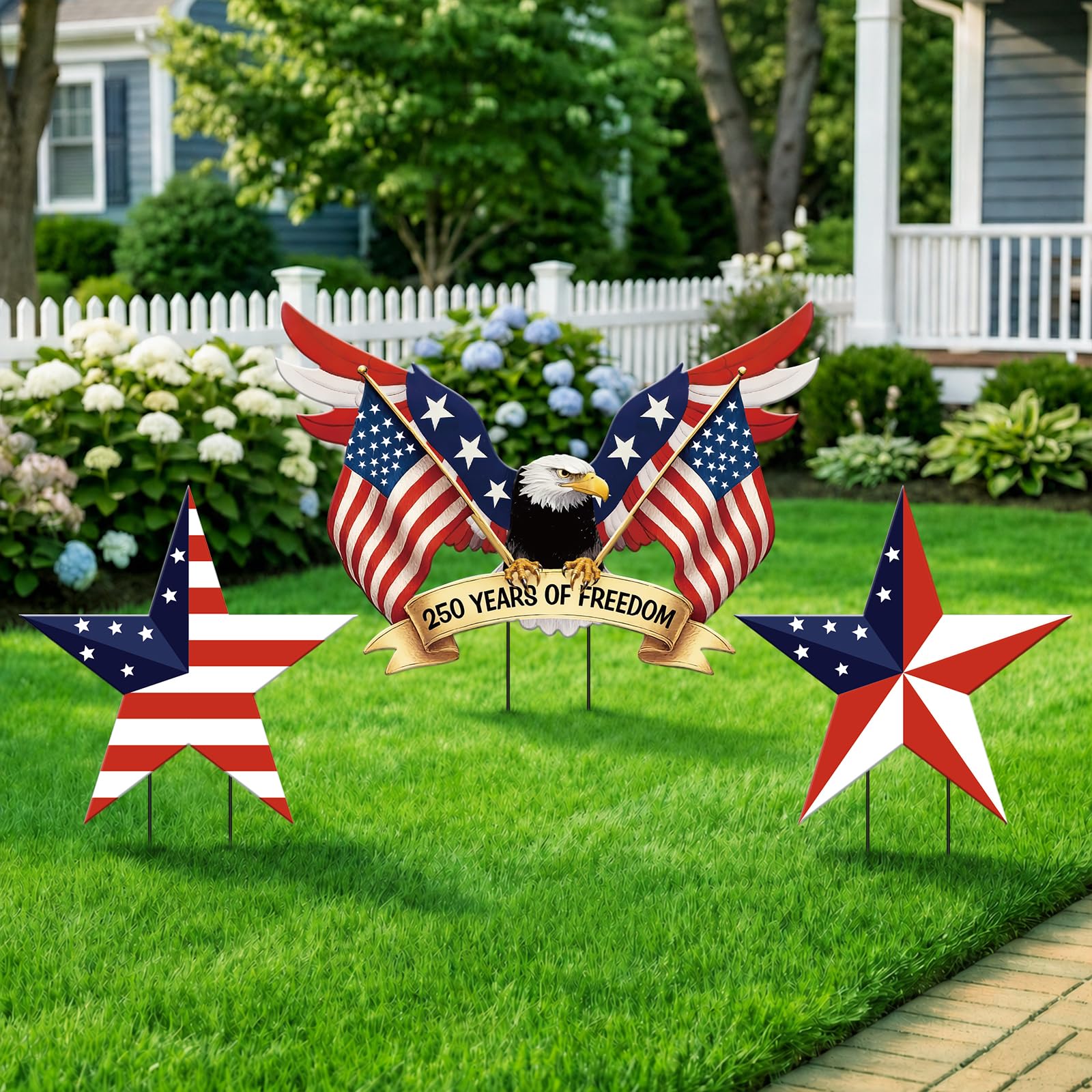 Photo 1 of LawnIdyll 3 PCS 4th of July Yard Signs Metal USA 250th Anniversary Eagle Yard Art with Star 22” Patriotic Hanging Decorations Outdoor American Flag Walkway Lawn Decor for Memorial Day Independence Day