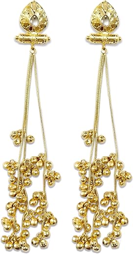 THE STYLE COURTYARD Kashmiri Long Tassel Ghungroo Drop Earrings for Women – Gold Tone Kundan Inspired Statement Earrings