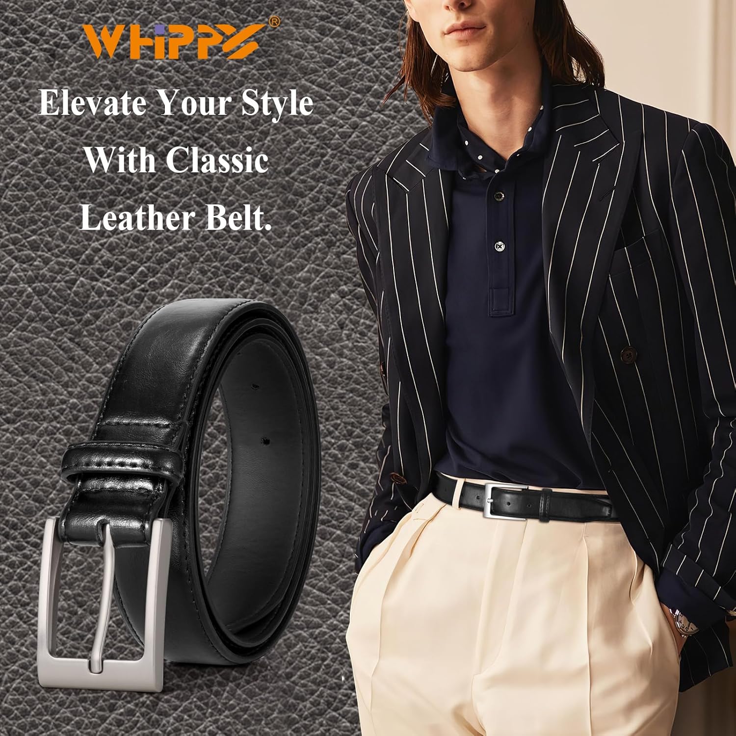 WHIPPY Men's Casual Leather Belt Fashion Leather Dress Belt Classic Every Day Jeans Belt for Men Work Business - Image 2