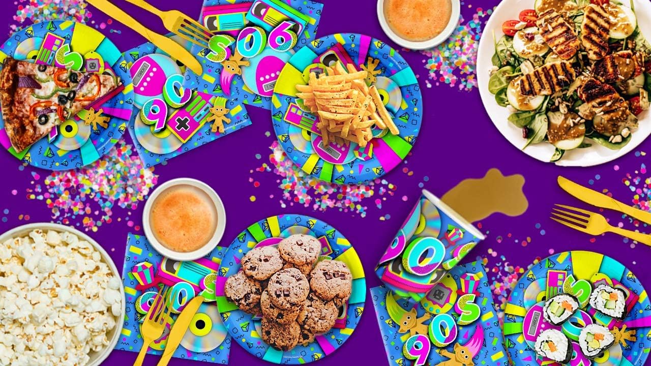 90's Birthday Party Supplies Set Plates Napkins Cups Tableware Kit for 16