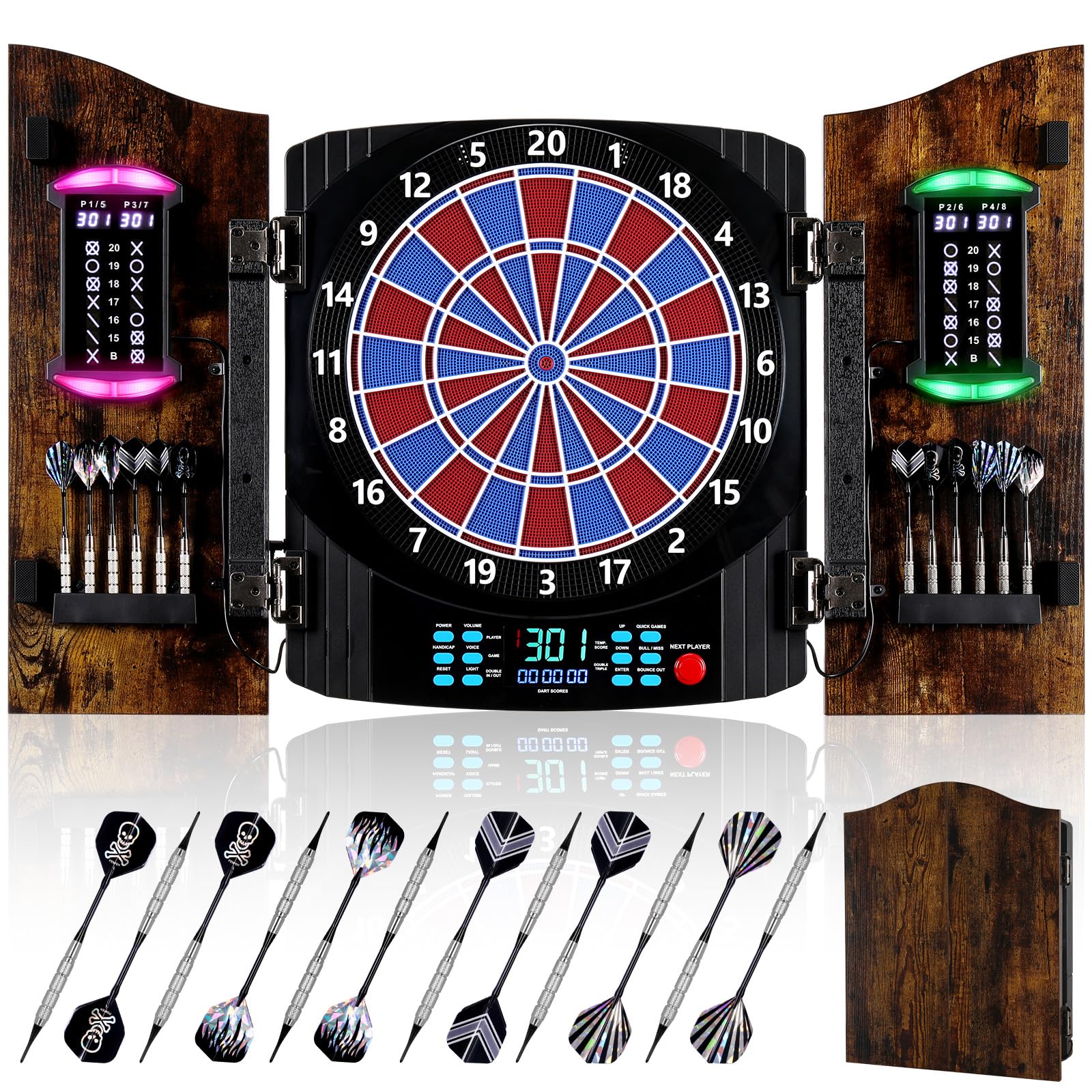 Yirinatek Jeu de Flechette Electronique, [12*Bronze Fléchettes] Cible Flechette Electronique, Armoire à Portes en Bois Rustique, Affichage LED 8 Couleurs, Jeux Flechette pour Maison & Bar - 2