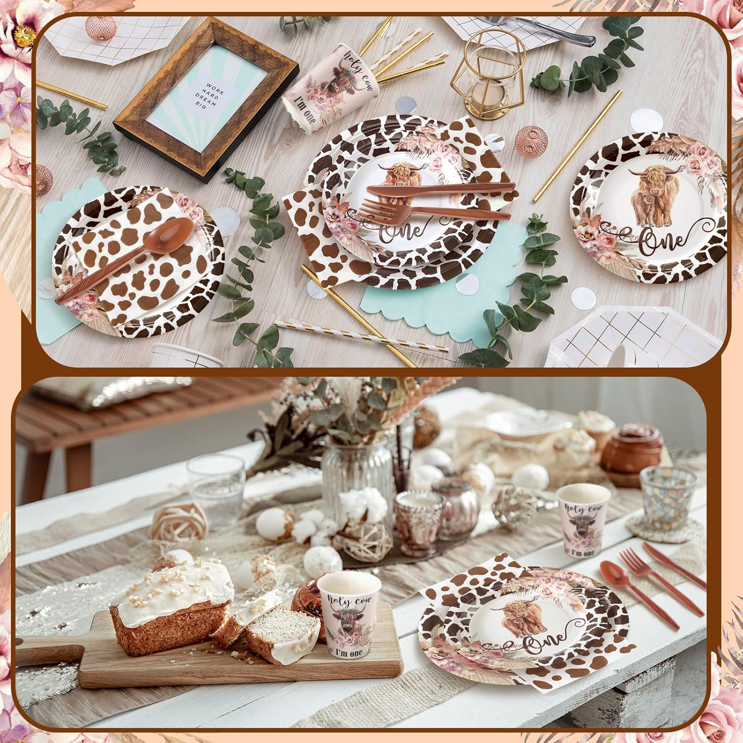 Tanlade 324 Pcs Highland Cow Birthday Party Favors Brown Holy Highland Cow Baby Shower Decoration Supply Disposable Tableware Set Includes Plates Cups Napkins Knives Forks Spoons for 36 Guests