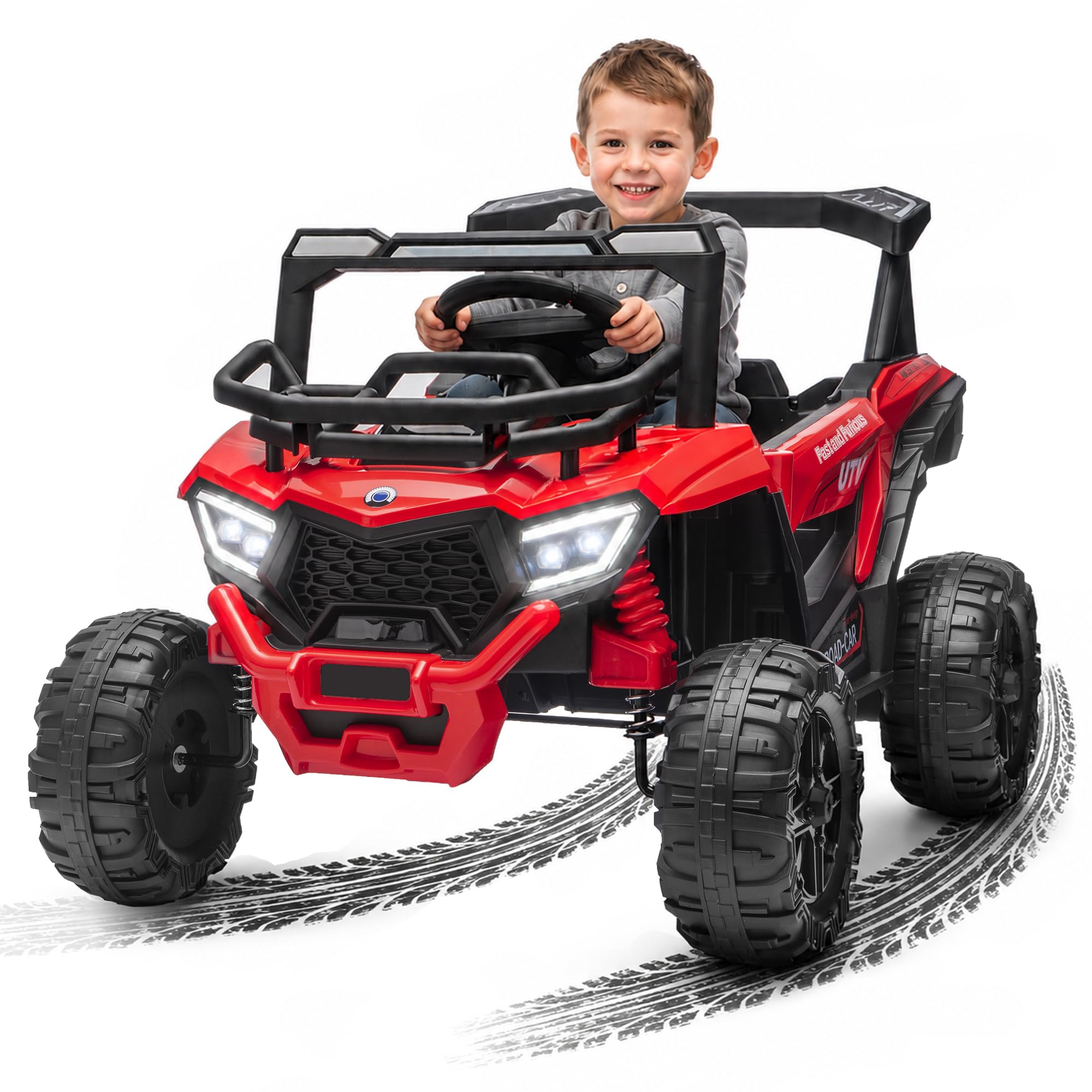 Raganet Buggy Eléctrico Infantil UTV Offroad 12V con Control Remoto, Función Mecedora, Luces LED, Reproductor USB y Suspensión Delantera (Rojo)