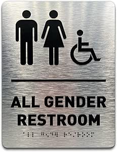 All Gender Restroom Sign by GDS - ADA Compliant, Wheelchair Accessible, Raised Icons, &amp; Grade 2 Braille - Includes Adhesive Strips for Easy Installation - 6" W x 8" H (Brushed Aluminum)