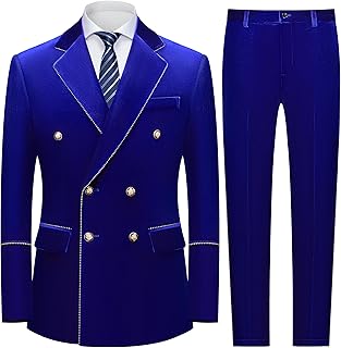 MOGU Men's 2 Piece Velvet Suit Double Breasted Tuxedo Slim Fit Set Gold Buttons