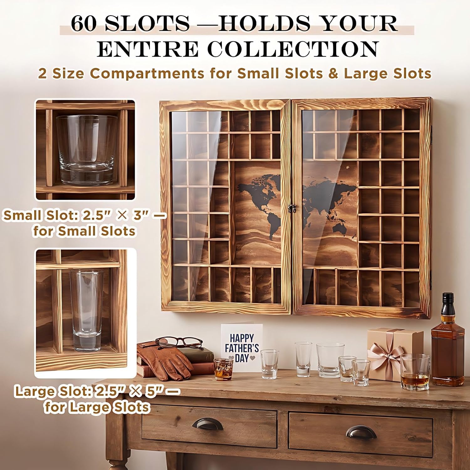 Geetery Large World Map Shot Glass Display Case with Acrylic Glass Door 34 x 26 Inch Brown Rustic Wood Holder for 2 Different Size Shot Glasses Shelf Organizer Wall Mount Storage Bar Cabinet Decor