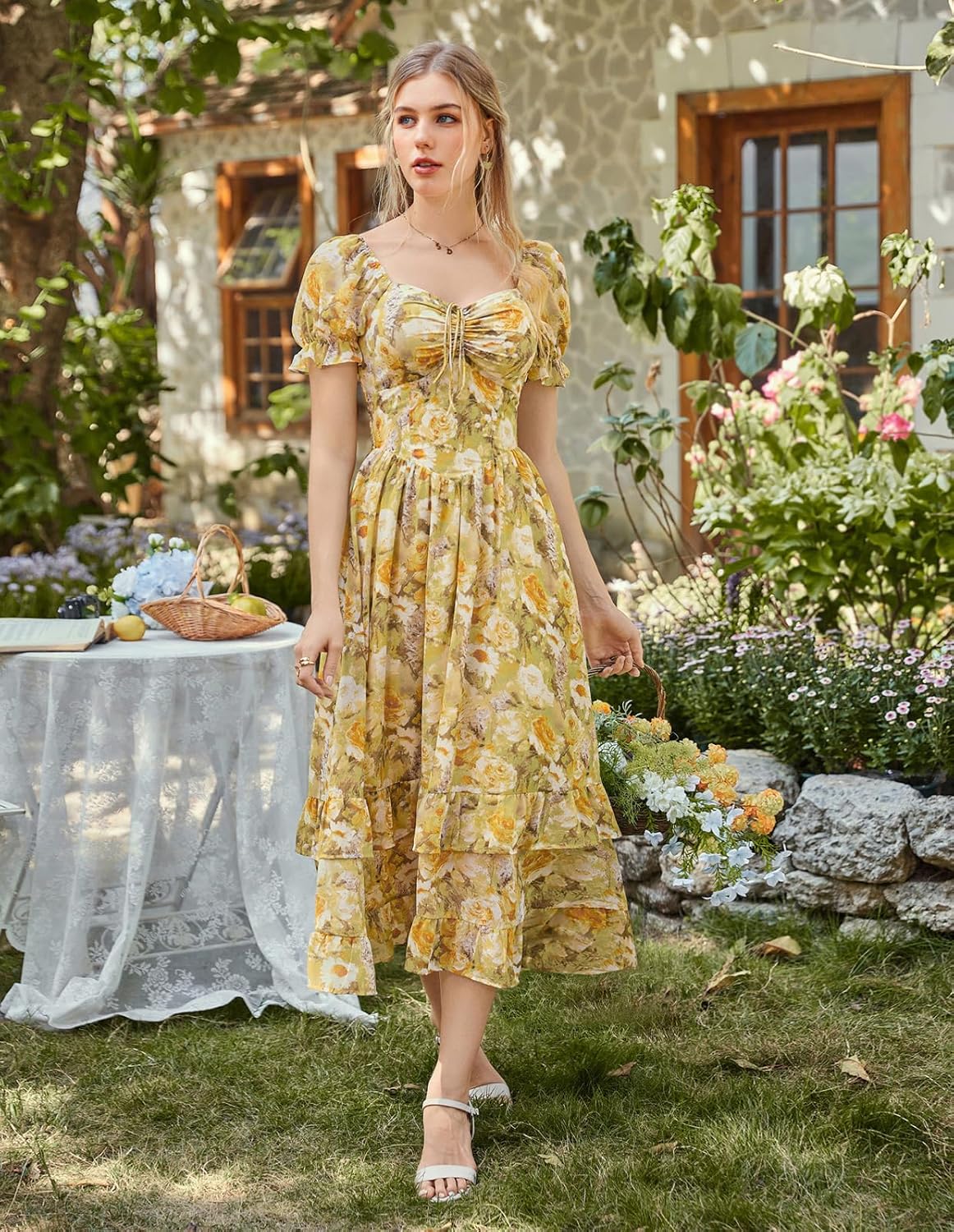 Scarlet Darkness Women Floral Cottagecore Dress Puff Sleeve Maxi Ruffled Corset Dress - Image 7