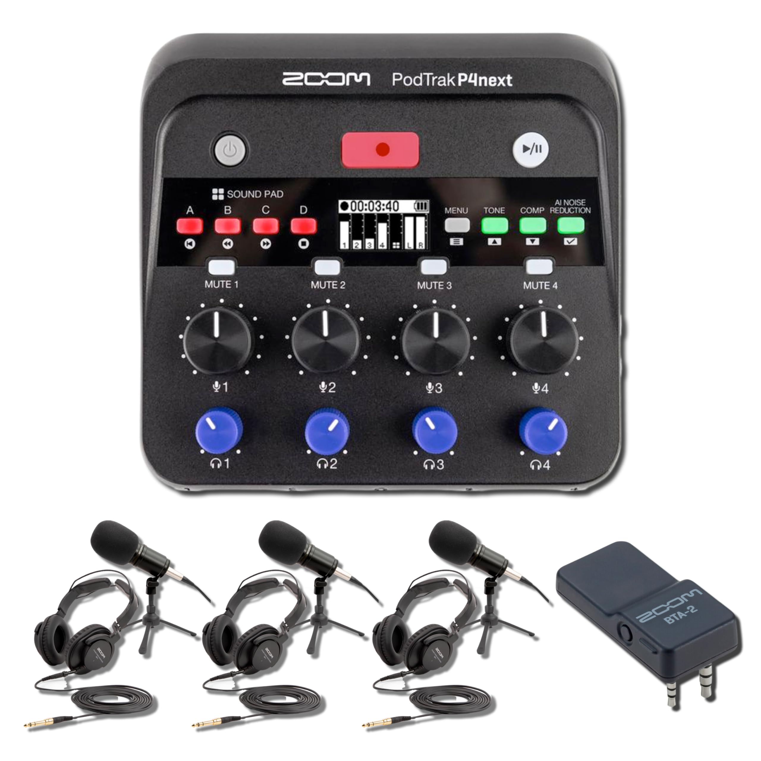 Zoom PodTrak P4 Next Podcast Recorder Bundle with BTA-2 Bluetooth Adapter and 3x ZDM-1 Mic Packs — Wireless Remote Interview, Dynamic Microphones, Headphones, Podcast Equipment Kit for Panel Recording