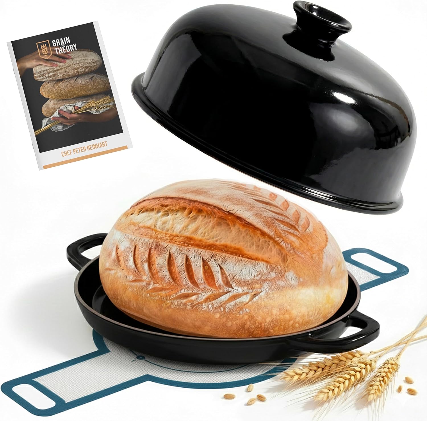 Kook Bread Oven, with Lid and Handles, Enameled Cast Iron Pan and Ceramic Lid, For Baking, Cooking, Roasting and more (Black)
