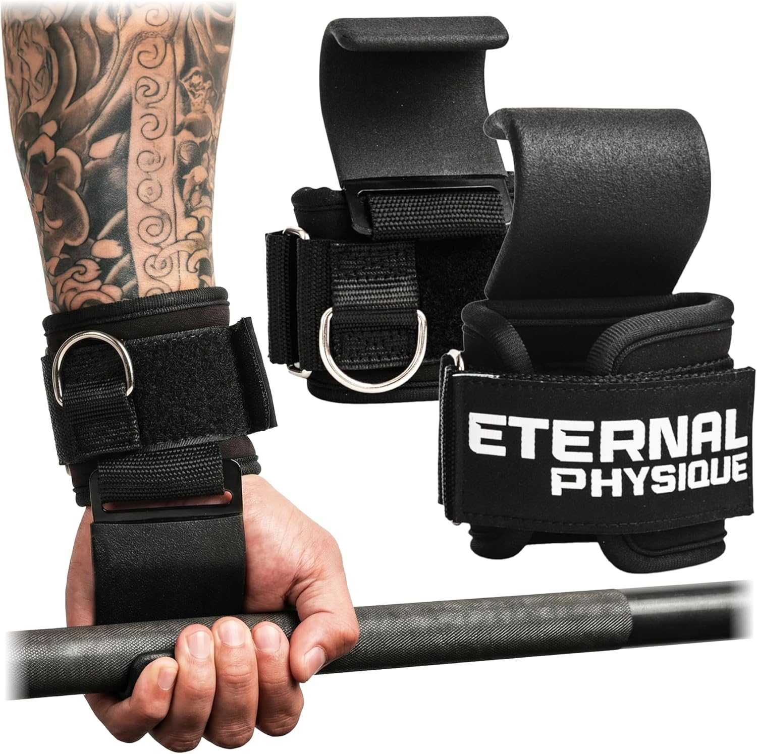 Weight Lifting Hooks (Pair) with D-Ring & Bag, Extra Strong- for Deadlifts, Pull Ups, Rows & Shrugs | Perfect Grip Support with Our Gym Hooks | Reinforced Wrist Straps For Weightlifting, Pull up Grips