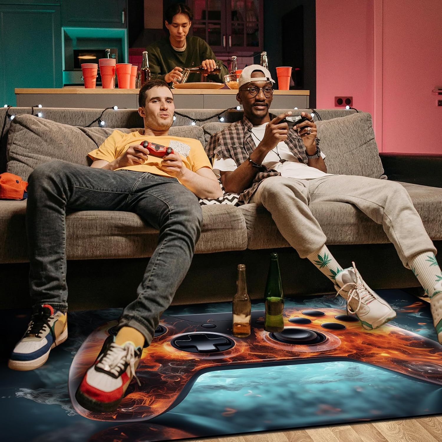 Gaming Area Rug Teen Boys Carpet, Fire with Flames Gamepad Game Controller Design for Game Room, Gaming Room, Boys Girls Bedroom Playroom, Living Room (63"x47" - 160x120cm)