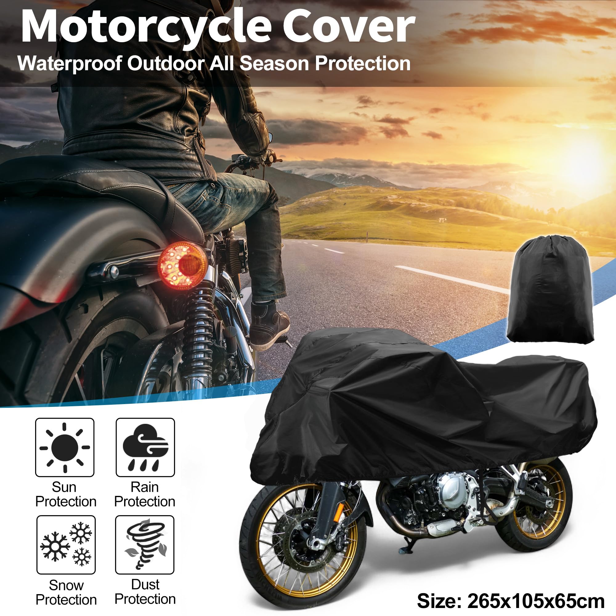 X AUTOHAUX Copertura per moto da esterni, impermeabile, mezza copertura 420D, in poliuretano, colore nero, protezione da sole e pioggia, adatta per 265 x 105 x 65 cm | Mezza copertura impermeabile per esterni, nera, protezione solare, copertura impermeabi